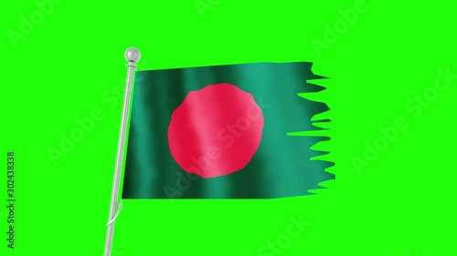 Flag Bangladesh chroma key. Flagpole. Flag on green background 4k, full HD. A ragged flag fluttershy in the wind on the flagpole. Background, chromakey photo