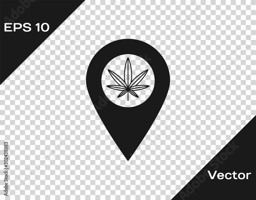 Grey Map pointer and marijuana or cannabis leaf icon isolated on transparent background. Hemp symbol. Vector Illustration