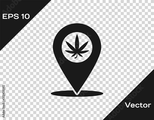 Grey Map pointer and marijuana or cannabis leaf icon isolated on transparent background. Hemp symbol. Vector Illustration