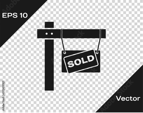 Grey Hanging sign with text Sold icon isolated on transparent background. Sold sticker. Sold signboard. Vector Illustration