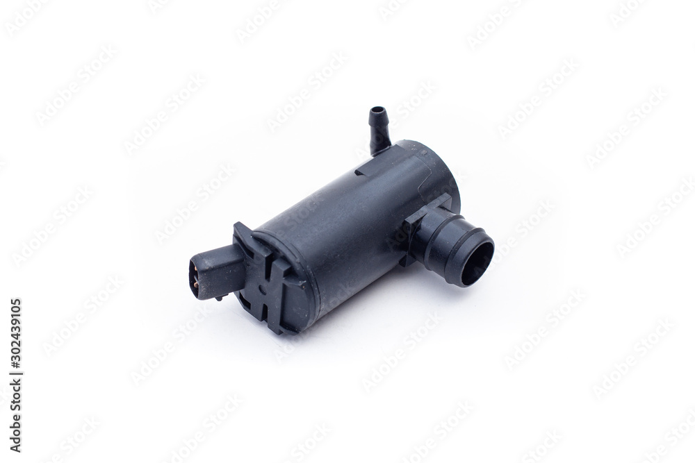 Washer pump for car xenon headlights on isolated white background. Car repair spare part. Washer pump for car xenon headlights on isolated white background. Car repair spare part.