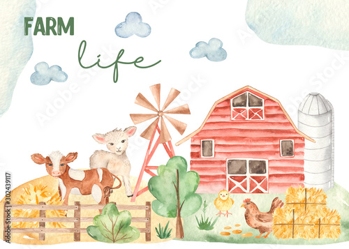 Watercolor card life of a farmer with cute horse, lamb, chicken, barn, hay