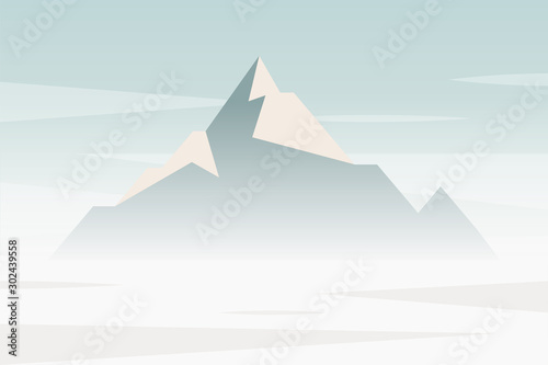 Vector landscape with mountain and blue sky. Beautiful landscape with misty, mountain and sky. Nature landscape vector illustration.