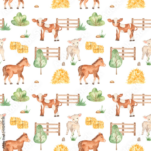 Watercolor seamless pattern with cute cartoon farm animals horse, lamb, calf on a white background