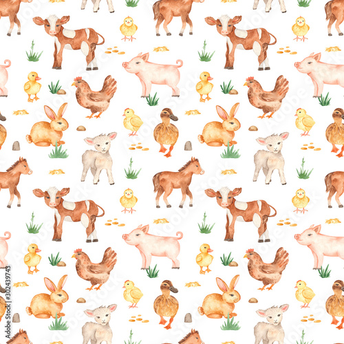 Watercolor seamless pattern with cute cartoon farm animals on a white background