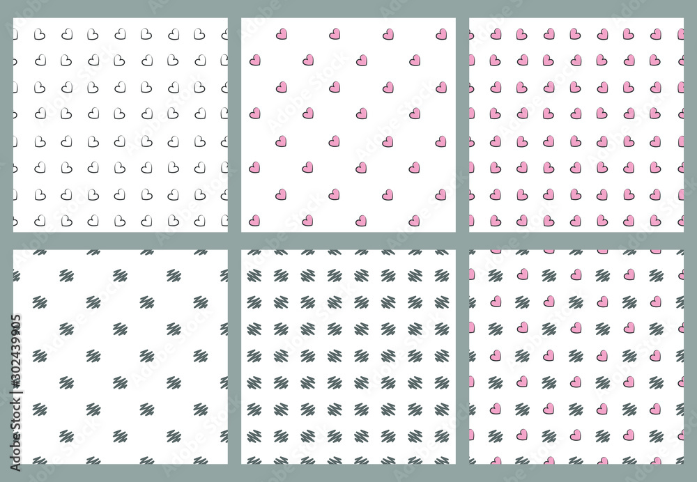 Set of seamless patterns. Hearts. Refined. Gray and pink.