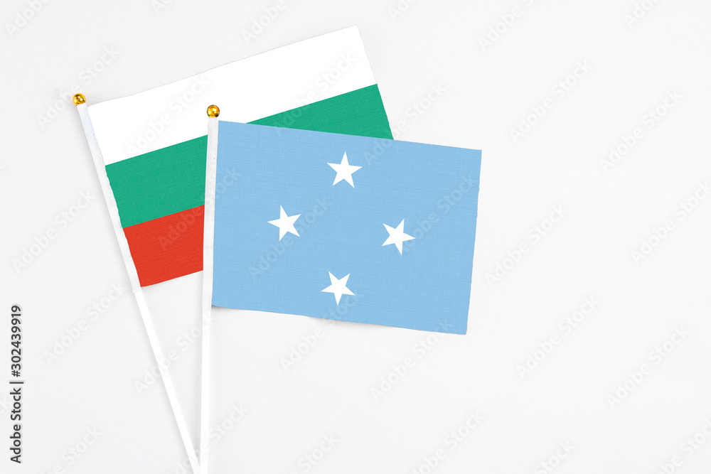 Micronesia and Bulgaria stick flags on white background. High quality fabric, miniature national flag. Peaceful global concept.White floor for copy space.