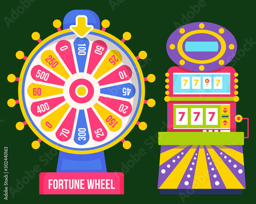Fortune wheel and gambling machine, 777 jackpot. Vector gambling game equipment, winning money in casino. Business and entertainment, symbol of success, lottery and lucky object, roulette of luck