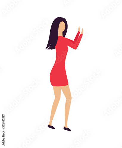 Girl wearing dress dancing indoor, woman moving element, side and full length view of dancer character, person in nightclub or concert, disco vector