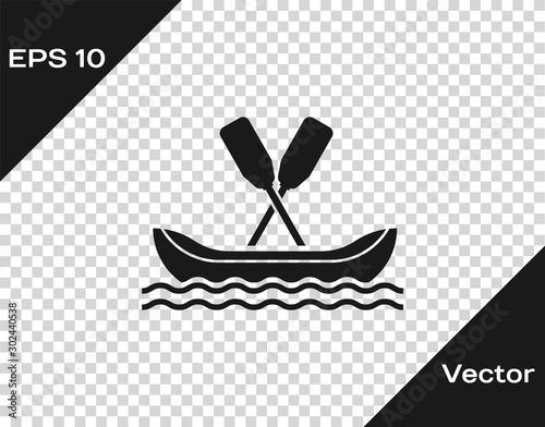 Grey Rafting boat icon isolated on transparent background. Kayak with paddles. Water sports, extreme sports, holiday, vacation, team building. Vector Illustration