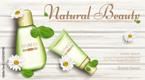 Natural cosmetics bottles with chamomile flowers and green leaves top view mock up banner. Eco cosmetic beauty product lotion and cream tubes on wooden background. Realistic 3d vector illustration