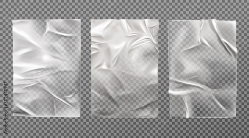 White wet paper, bad glued wheatpaste set. Wrinkled and creased sheets with crumpled texture isolated on transparent background, blank posters mock up for ads design. Realistic 3d vector illustration