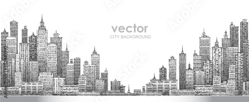 Modern City skyline, highly detailed hand drawn vector illustration