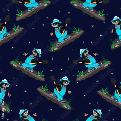 Vector seamless pattern with cartoon funny mole with a shovel under his arm, in light green jumpsuit and hat on a dark blue background with yellow stars, background for design of fabric for pajamas.