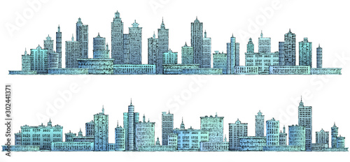 Modern City skyline  highly detailed hand drawn vector illustration