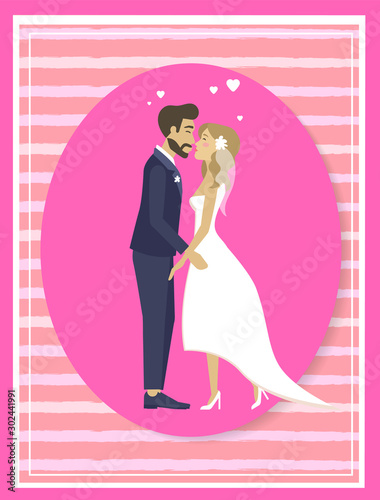 Just married couple in wedding suit and white dress kissing  pink oval frame. Vector cartoon photo of newlywed husband and wife  happy lovers dating