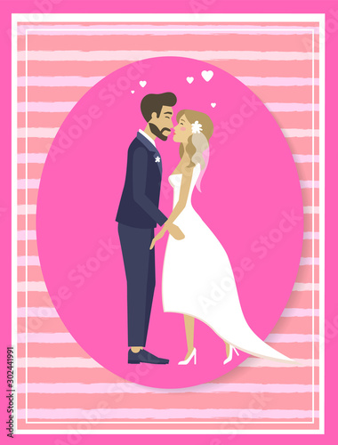 Just married couple in wedding suit and white dress kissing, pink oval frame. Vector cartoon photo of newlywed husband and wife, happy lovers dating