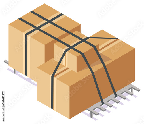 Cardboard boxes tied together with black rope on stand for transportation. Carton container, closed parcel, packaging for delivery 3d isometric vector illustration
