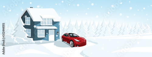 Electric car with a connected charging cable near a winter house. Vector illustration