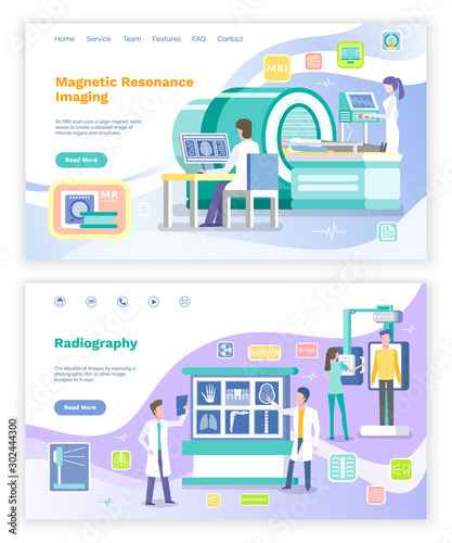 Radiology and magnetic resonance imaging in hospital vector, doctors helping patients. Analysis and examination of human body, diagnostics. Website or webpage template, landing page flat style