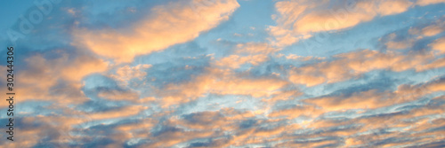 Orange clouds panoramic background and blue sky at sunset