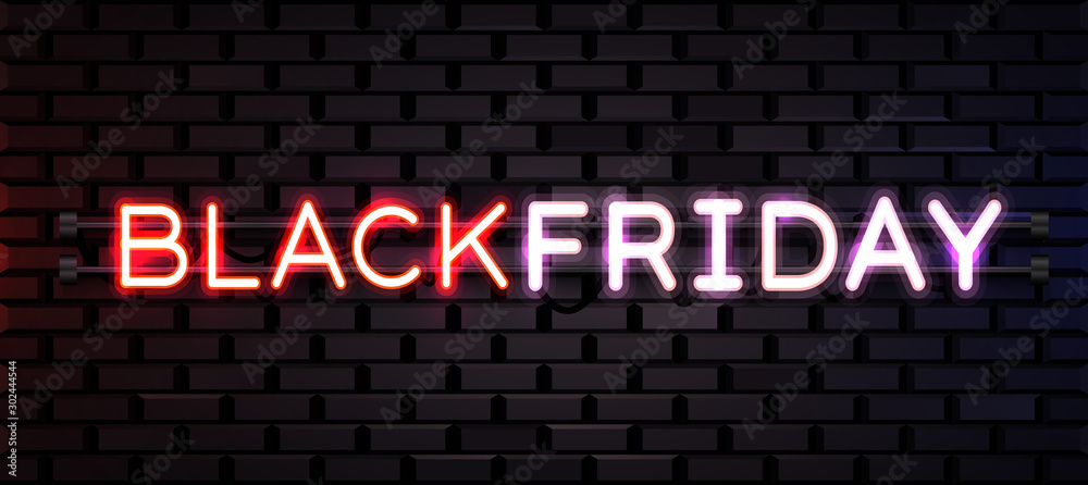 Fototapeta premium Black Friday realistic neon sign for decoration and covering on brick background. Concept of sale, clearance and discount.