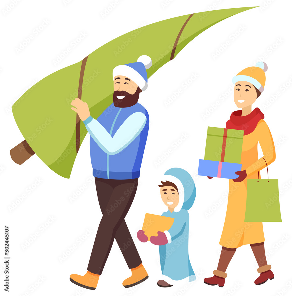 Family going home from Christmas shopping vector. Isolated man and woman with kid carrying presents and pine tree. Mother and father with child preparing for winter holidays, shoppers with bags Family going home from Christmas shopping vector. Isolated man and woman with kid carrying presents and pine tree. Mother and father with child preparing for winter holidays, shoppers with bags