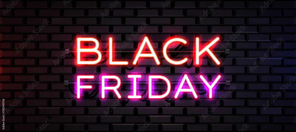 Black Friday realistic neon sign for decoration and covering on brick background. Concept of sale, clearance and discount.