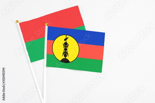Free Download New Caledonia and Burkina Faso stick flags on white background. High quality fabric, miniature national flag. Peaceful global concept.White floor for copy space. - GFXLoad