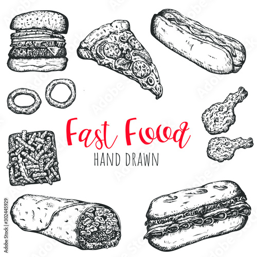 Fast food realistic hand drawn illustrations set, isolated vector sketched clip art.