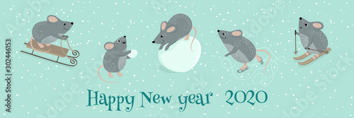 Vector cute mice are the symbol of 2020. Funny mice play winter games: skiing, playing snowballs, sledding, ice skating, sculpting a snowman. Mouse new year banner for your design. Set of mice.