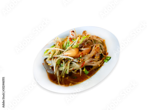 Papaya salad raw shrimp on a white background,with clipping path