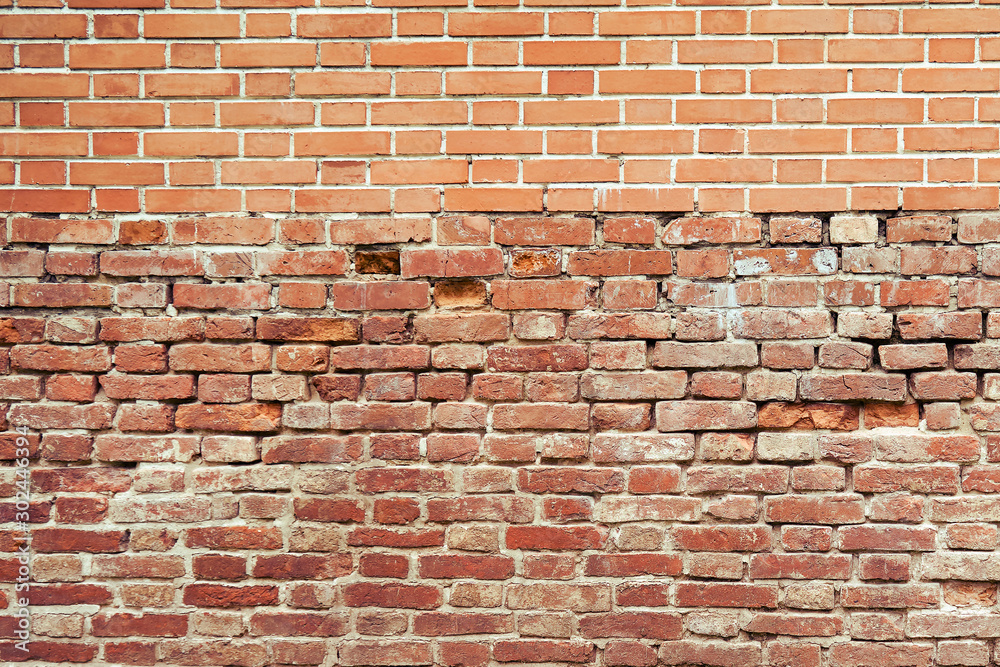 Fototapeta premium Old and new brick wall background, brickwork border texture, copy space