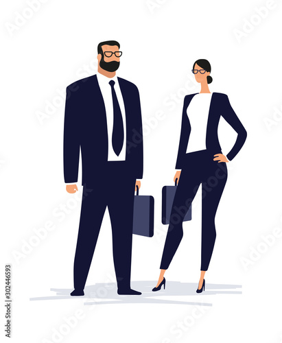 A couple in business suits are standing with briefcases. Man and woman clip art in a flat minimalistic design. Portraits of successful workers. Stock vector illustration isolated on a white background