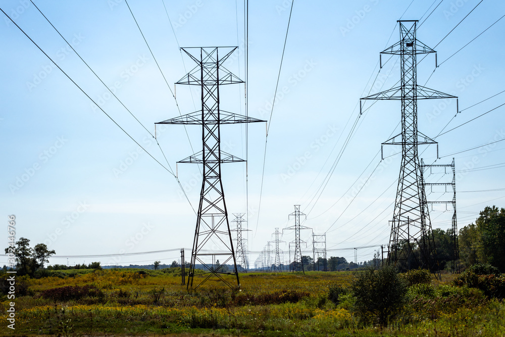 Electric Power Line Towers carrying energy from the generating plant to consumers fade into the distance, Ontario, Canada