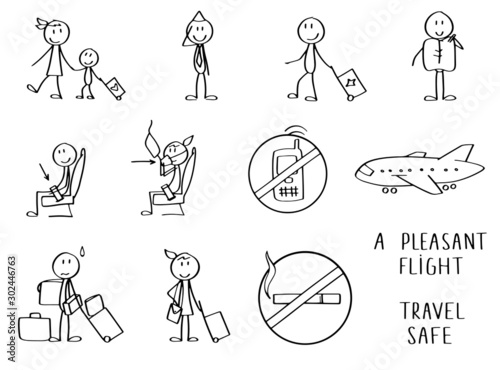 Stick figures symbolizing travel by airplane. Sitting in the chairs and showing safety rules. Also going or standing with bags and luggage. Includes a couple of rules signs on board. 