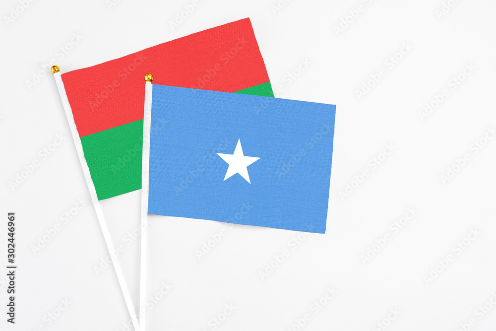 Somalia and Burkina Faso stick flags on white background. High quality fabric, miniature national flag. Peaceful global concept.White floor for copy space. Somalia and Burkina Faso stick flags on white background. High quality fabric, miniature national flag. Peaceful global concept.White floor for copy space.