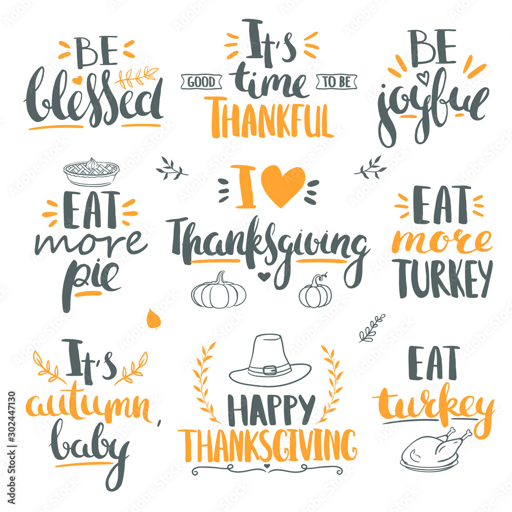 Thanksgiving day lettering and doodles. Vector set with decorations for Thanksgiving card isolated on white. Thanksgiving day lettering and doodles. Vector set with decorations for Thanksgiving card isolated on white.