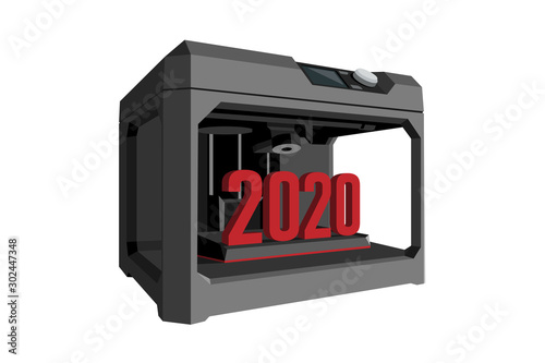 3d printer with a printed text "2020" isolated on white. Vector illustration