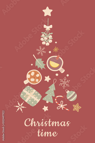 Christmas festive concept: Christmas tree with cups with hot chocolate and spicy tea top view,mistletoe branch,snowflakes and gingerbread.New Year bundle decor design elements. Flat vector set