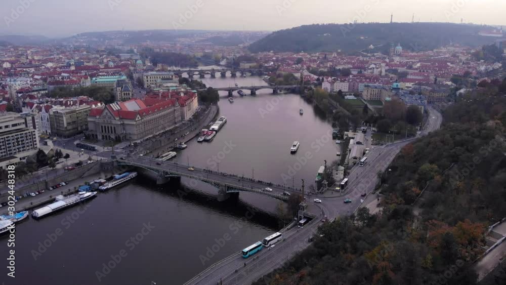 Prague bridges aerial view at autumn in twilight cloudy day, blue hour Prague bridges aerial view at autumn in twilight cloudy day, blue hour