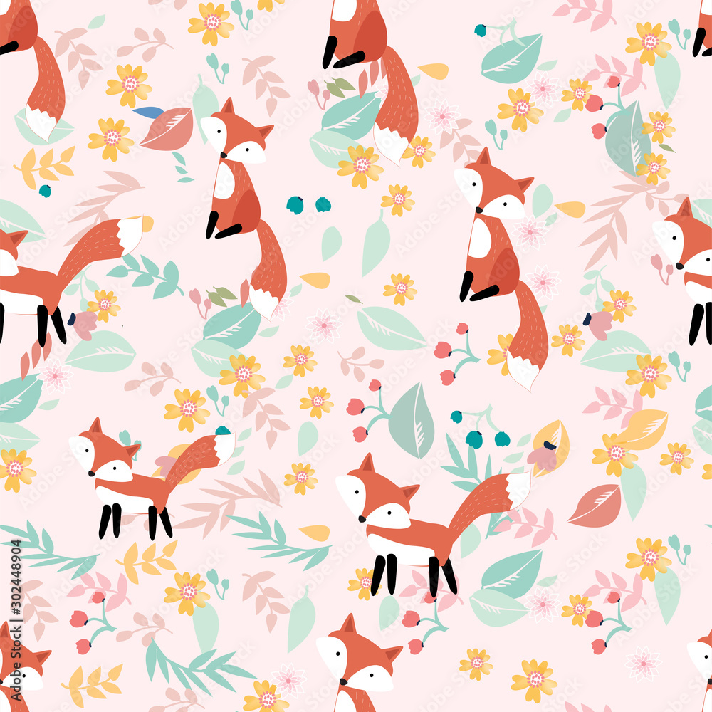 Cute fox in flower and leave seamless pattern