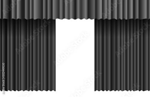 Opened luxury black wavy curtain stage backdrop. Grand open theater event velvet fabric drape opening ceremony. Vector theatre cinema premiere presentation drapery cloth illustration