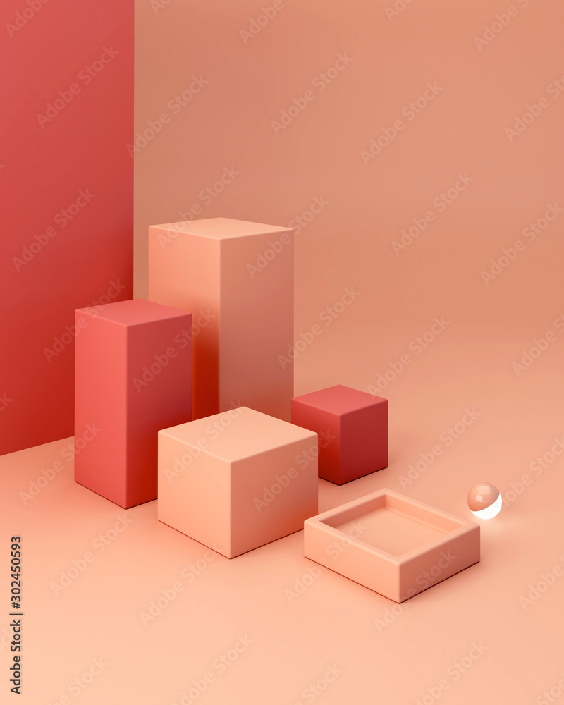 Pink coral shapes on a coral abstract background. Minimal boxes and corner podium. Scene with geometrical forms. Empty showcase for cosmetic product presentation. Fashion magazine. 3d render. Pink coral shapes on a coral abstract background. Minimal boxes and corner podium. Scene with geometrical forms. Empty showcase for cosmetic product presentation. Fashion magazine. 3d render.