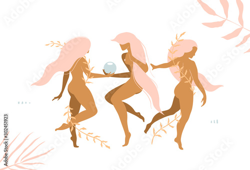 Three girls grace elegant young women with floral decoration modern graphic design.
