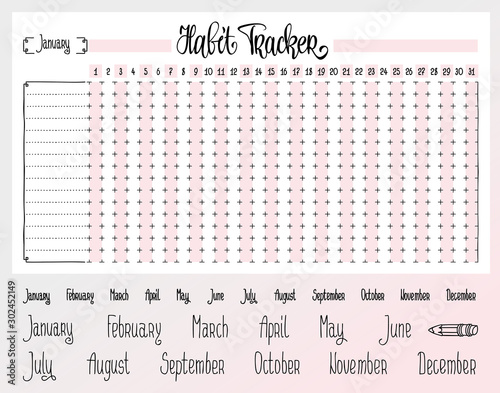 Habit tracker template. Blank with hand written cute names of months. Bullet journal template. Monthly planer. Hand written calendar.