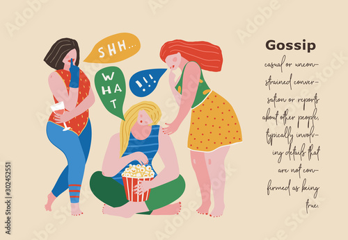Three gossip girls urban scene vector illustration, color blocks figures print design.
