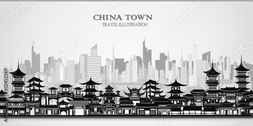 Vector greeting card with Chinese traditional houses in black and white.