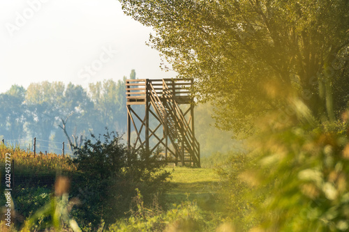 Aussichtsplattform aus Holz im Nationalpark Neusiedl zum Tiere beobachten