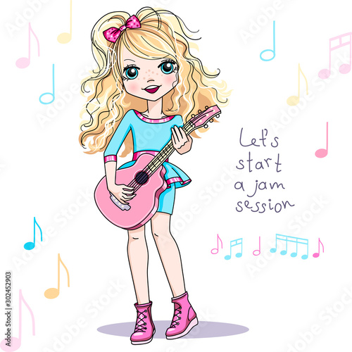 Vector cool rock star brunette baby girl musician in headphones playing guitar. Let s start a jam session slogan